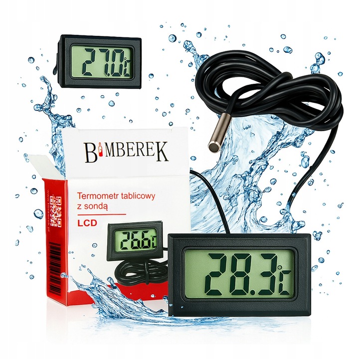 Termometru digital Bimberek pentru acvariu si terariu, LCD, precizie ridicata, 2x4,5cm, cablu 100cm