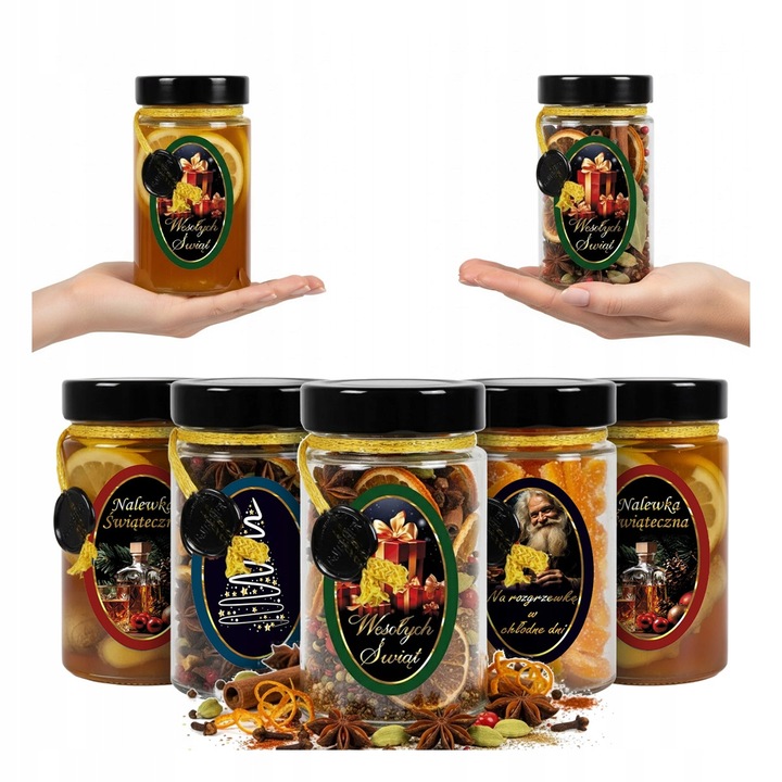 Set 20x Borcane Bimberek Aria 245ml, cu capac negru, decorate manual cu motive festive