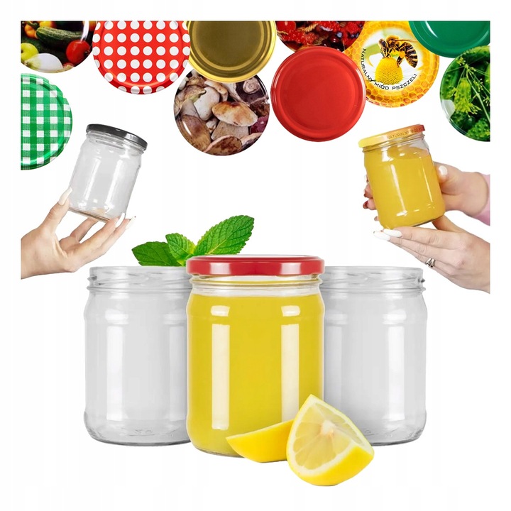 Комплект от 8 стъклени буркана с капаци по 450 мл, за сладко, мед, туршия, многоцветни