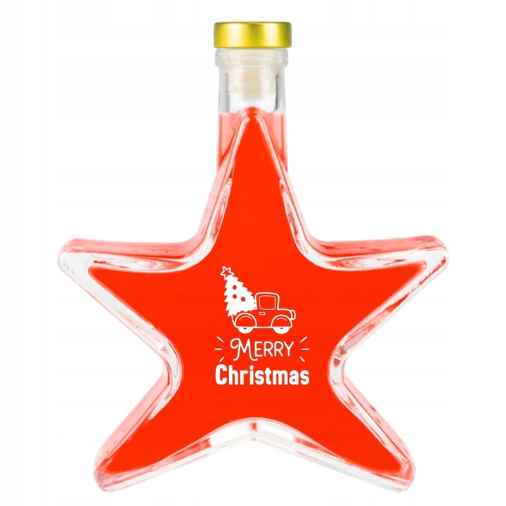 Sticla decorativa in forma de stea Bimberek 200ml, transparenta, cu capac auriu, pentru lichior sau vin