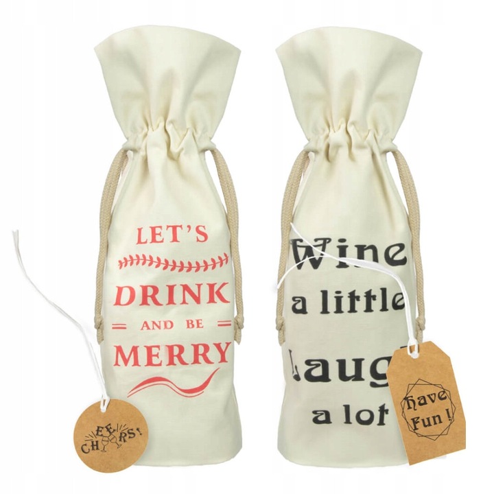 Sac din in pentru sticla, Bimberek, set cu eticheta, imprimeu negru si rosu, 34x15.5cm