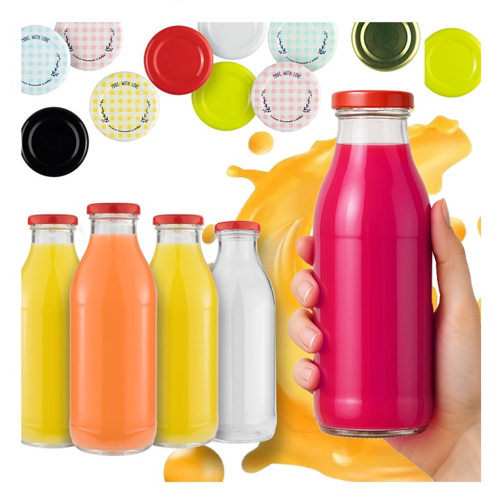 Комплект от 5 стъклени бутилки KUBUS 500 мл за сок, сироп, вода, мляко, с произволно избран цвят на капачката