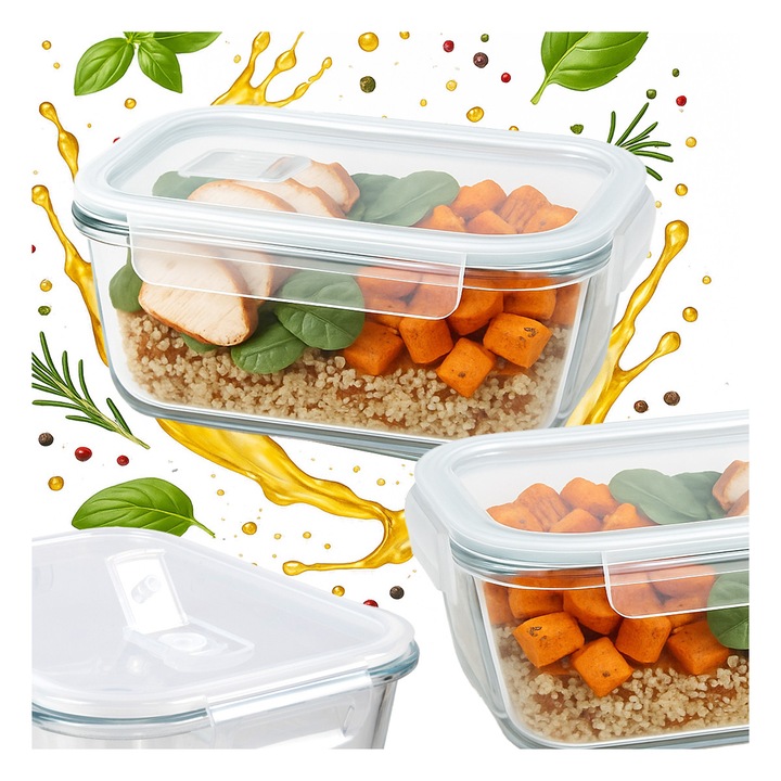 Cutie alimentara Bimberek, lunchbox hermetic, 640 ml, sticla, dimensiuni 5,7x17,4cm