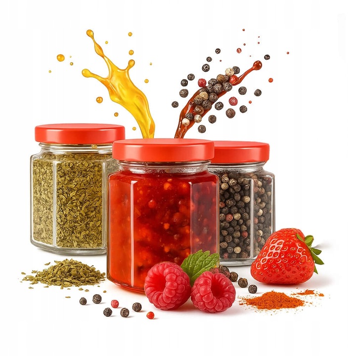 Set 50 Borcane sticlă hexagonale, Bimberek, 200 ml, capacuri multicolor, 58 mm