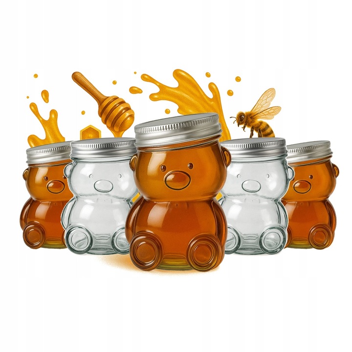 Set 5 borcane din sticla 150ml cu capac metalic, forma de urs, ideal pentru miere, gem, condimente, 10x7cm