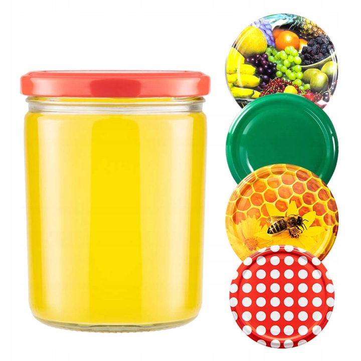 Комплект от 5 буркана Bimberek 440 мл, бял/черен/червен/зелен/златист капак, височина 11 см