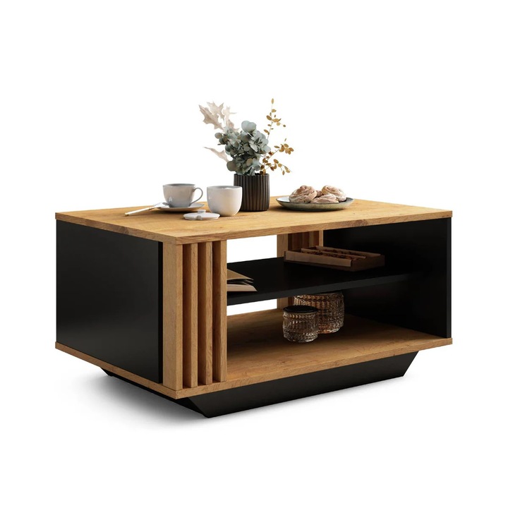 Masa de cafea Dafi Furniture, model Luxor, 90x60x45 cm, dreptunghiulara, cu lamele din lemn, cu raft, stil mid-century – Stejar Lancelot Negru