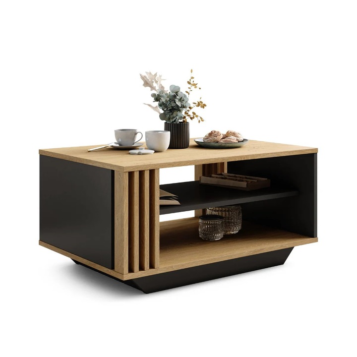 Masa de cafea Dafi Furniture, model Luxor, 90x60x45 cm, dreptunghiulara, cu lamele din lemn, cu raft, stil mid-century – Stejar Stone Antracit
