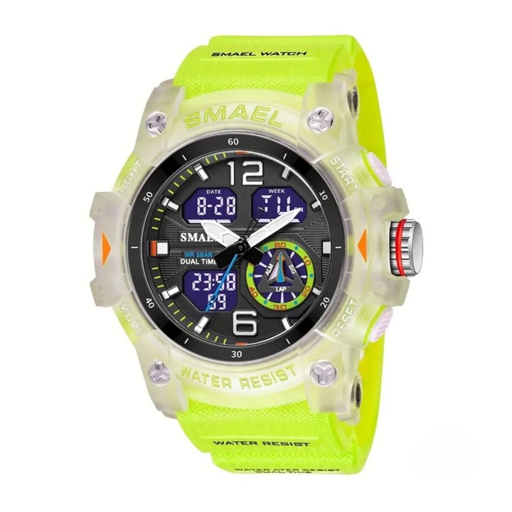 Ceas barbatesc SMAEL, analog-digital, cronograf, rezistent la apa, 54mm, 22cm, verde