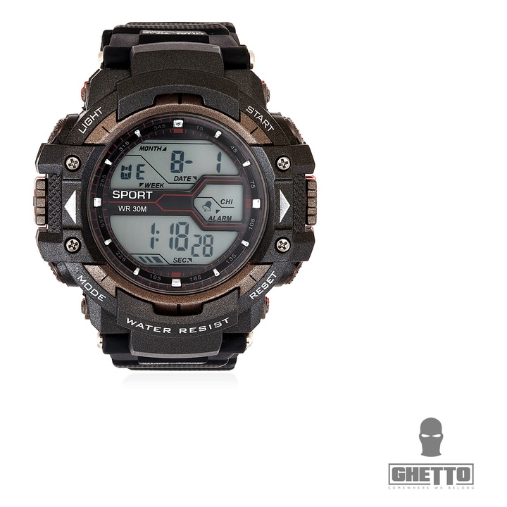 Ceas sport unisex Ghetto, digital, waterproof, 45mm, auriu/negru, 23cm
