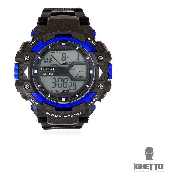 Ceas sportiv unisex Ghetto Fashion Shock, waterproof, 45mm, albastru, 23cm