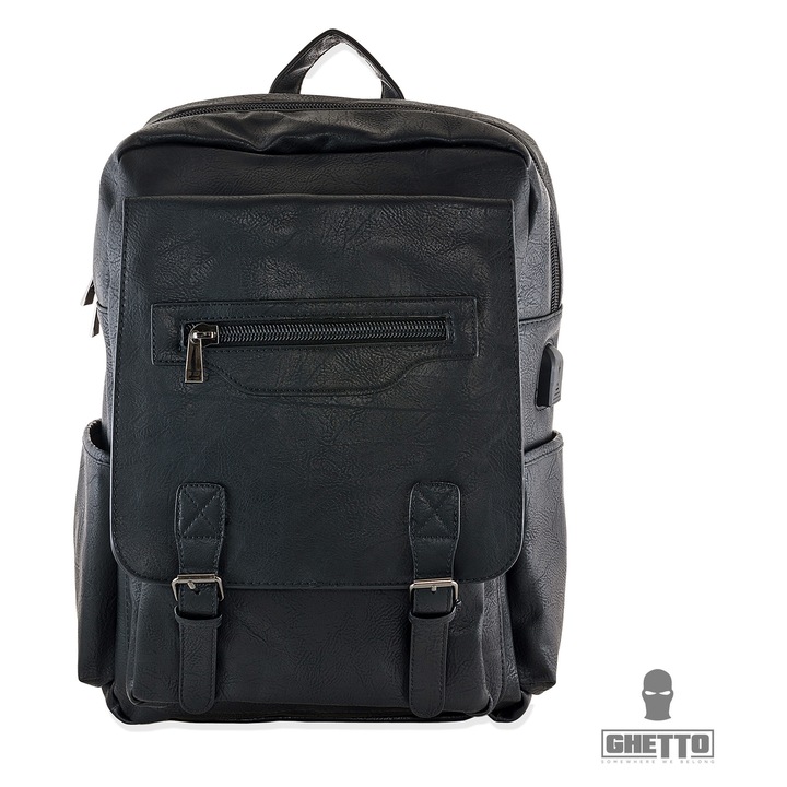 Rucsac din piele pentru laptop, Ghetto, unisex, 20-30 litri, cu USB, negru