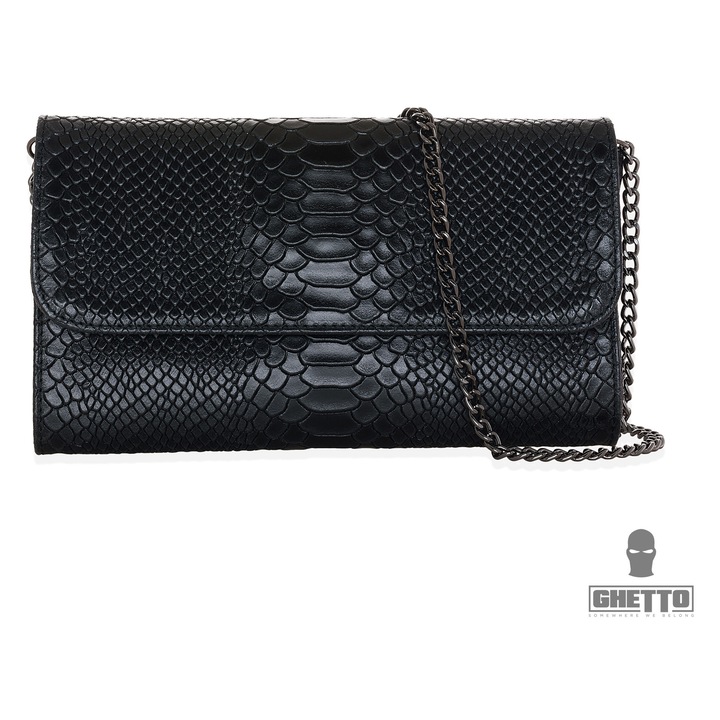 Geanta de seara tip clutch Ghetto, model crocodil, neagra, piele ecologica