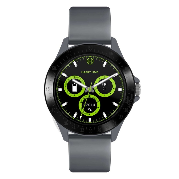 Ceas inteligent Harry Lime, 46mm, gri, unisex, curea din silicon, rezistent la apa.