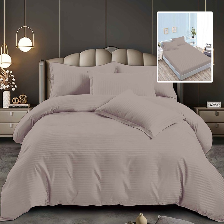 6 darabos damaszt polipamut dupla ágyneműhuzat, 160x200 vagy 180x200 cm-es matrachuzattal, 200x230 cm-es paplanhuzattal, 50x70 cm-es és 70x70 cm-es párnahuzattal, 1 cm-es csíkkal Világosbarna (6DPH40)