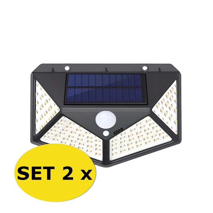2 db-os EDAR napelemes lámpa készlet, 100 LED, kültéri, IPX6, mozgásérzékelővel