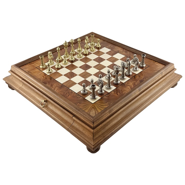 Set de sah Italfama Staunton, piese din alama, inaltime rege 7.5 cm, dimensiuni tabla 53x53x9.5 cm, Made in Italy