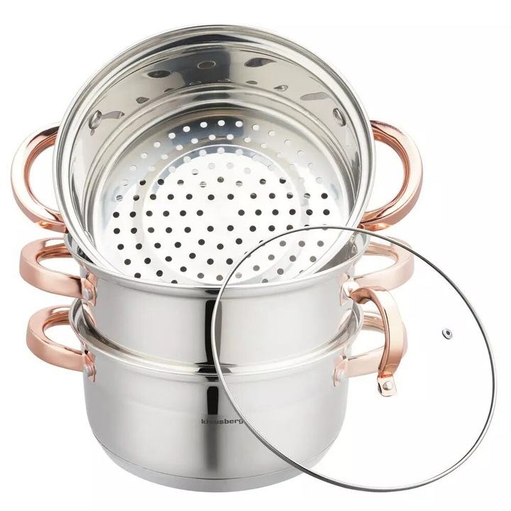 Set de 4 piese, oala pentru fiert cu abur, inox, diametru 20 cm, capacitate 3.1 litri, Klausberg