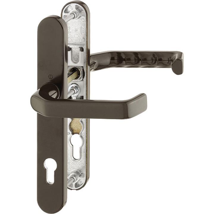 Maner usa cu sild, Hoppe Liverpool, Aluminiu, Otel, gura cheie cilindru, interax 92 mm, culoare Maro