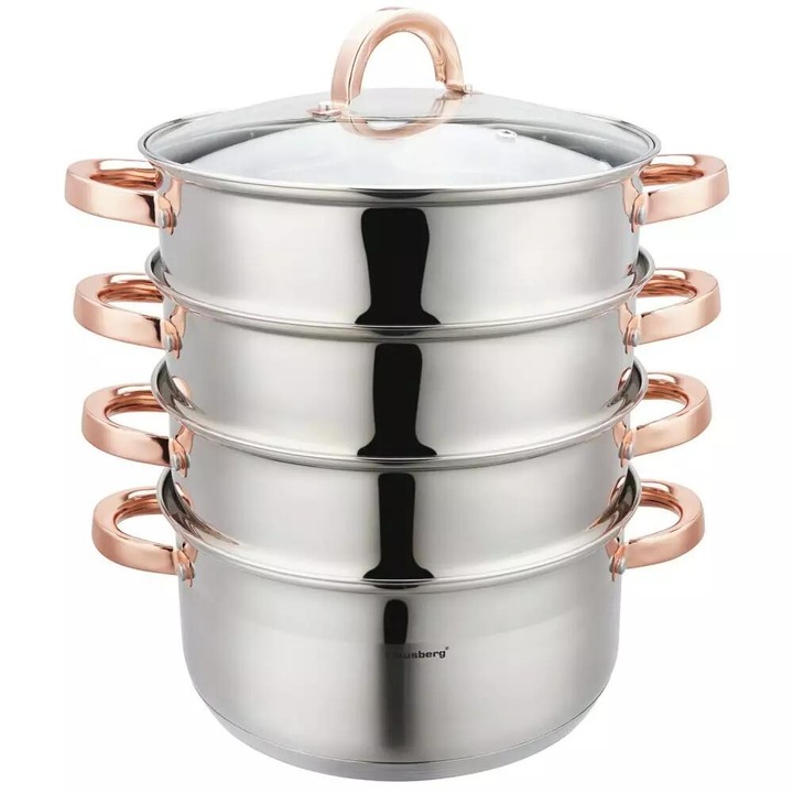 Oala pentru fiert la abur, 5 elemente, cu manere roze, 24cm, 5.0L, Klausberg