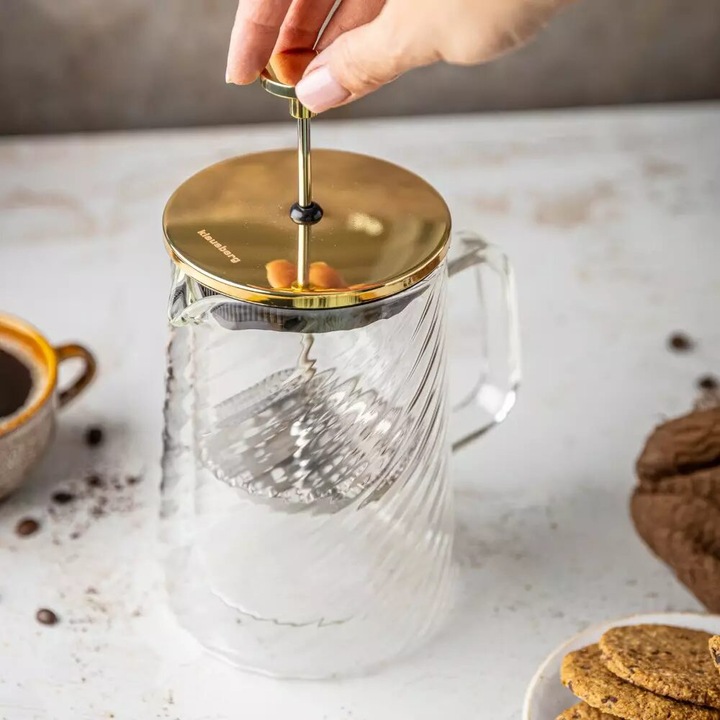 Kávé- és teafőző dugattyúval, arany, üveg, 1L, Klausberg