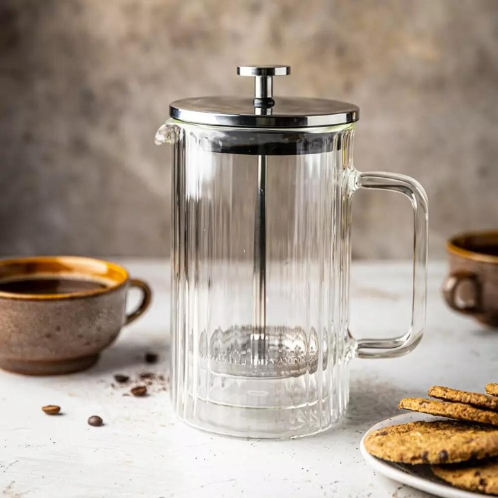 Infuzor cafea si ceai Klausberg cu piston, sticla borosilicata, argintiu, 600 ml