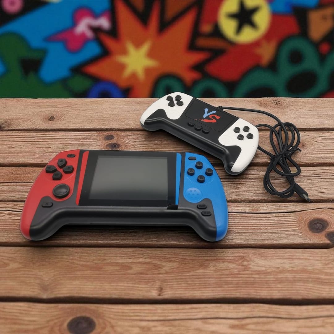 Consola Portabila cu 2 Controlere Gaming, Retro, VisionXXI, 500 Jocuri, Ecran HD 3.5", TV-Out, Acumulator 1200mAh, Albastru/Rosu/Alb