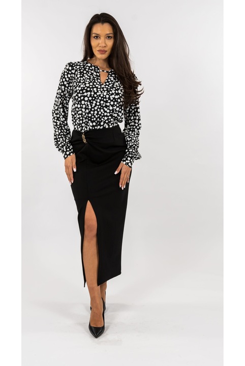 Compleu Bluza cu Buline si Fusta Neagra Creion, Alb/Negru