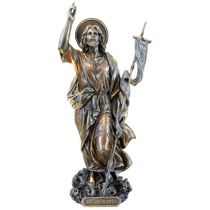 Statueta Sfantul Ioan Botezatorul cu steag Ecco Agnus, Veronese, polirasina bronz, pictata manual, 23 cm