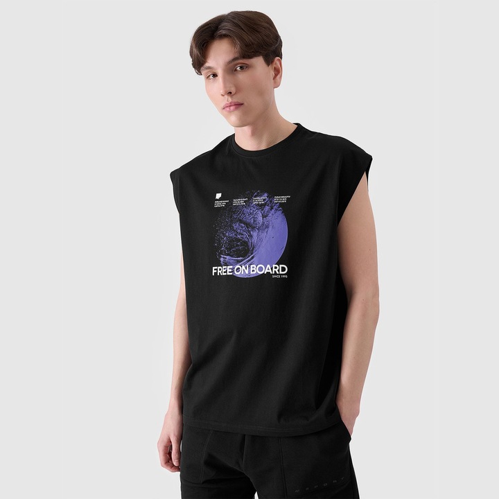 Maiou sport barbati 4F, supradimensionat, cu imprimeu, bumbac, negru, XL INTL