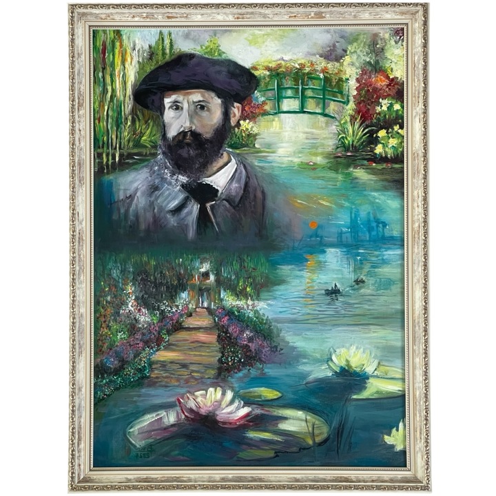 Tablou pe panza pictat in ulei – „Monet si lumea lui” – lucrare originala 50x70 cm