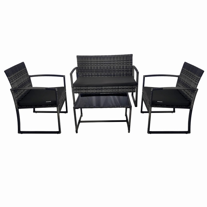 Set mobilier terasa/gradina MESTERINO KLUGMEISTER, canapea 2 locuri + 2 fotolii + masuta sticla, ratan sintetic gri, dimensiuni: 106x58x78cm, 56x59x78cm, 71x44x39cm