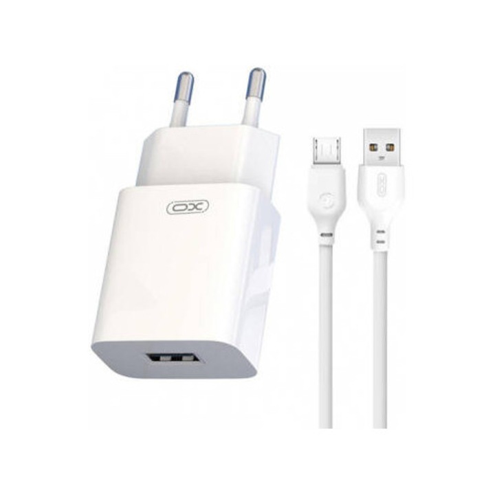 Încărcător rețea XO Design, cu cablu microUSB, 12W, 2.4A, 1 x USB-A, Alb