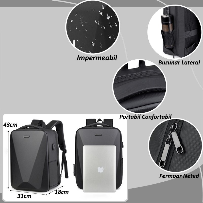 Rucsac Laptop Camaterlot, Antifurt, Port USB, Negru, 31x18x43cm