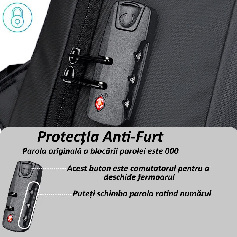Rucsac Laptop Camaterlot, Antifurt, Port USB, Negru, 31x18x43cm