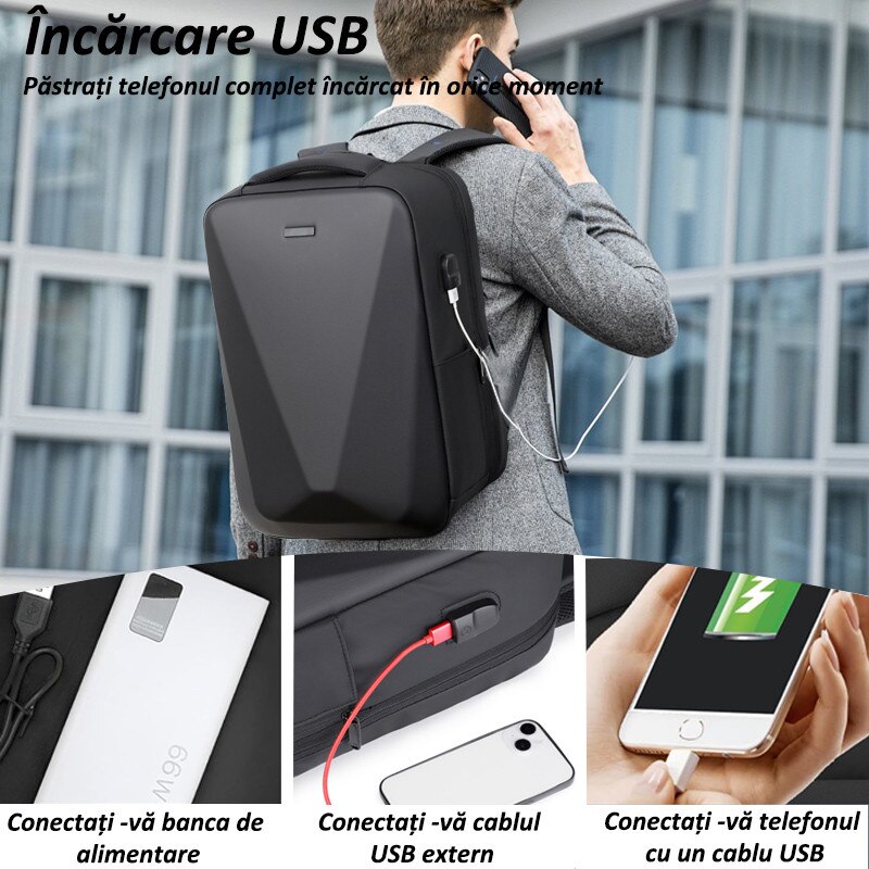 Rucsac Laptop Camaterlot, Antifurt, Port USB, Negru, 31x18x43cm