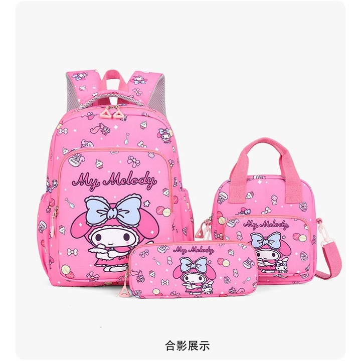 Ghiozdan scolar Melody, material nailon, set trei piese (ghiozdan + geanta de pranz + penar), roz-rosu