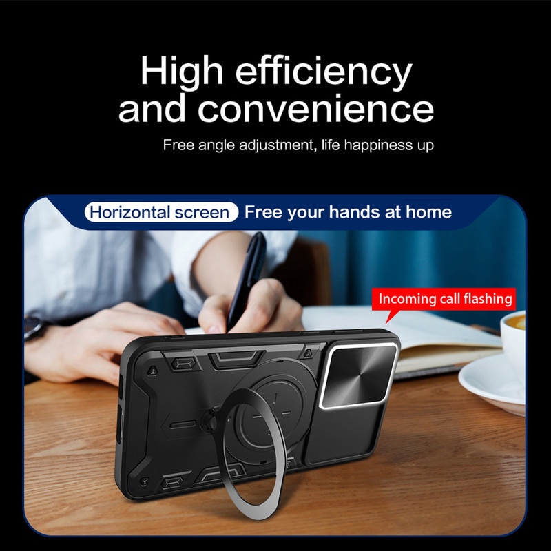 Husa telefon, pentru Motorola Edge 50 Neo 5G, Capacul obiectivului camerei glisante, Inel rotativ 360 ° Kickstand, Negru titan