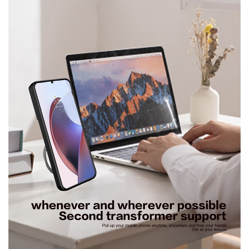 Husa telefon, pentru Motorola Edge 50 Neo 5G, Capacul obiectivului camerei glisante, Inel rotativ 360 ° Kickstand, Negru titan