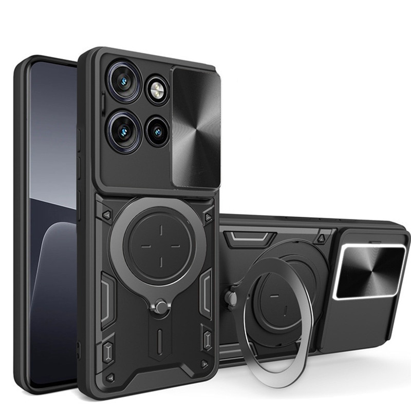 Husa telefon, pentru Motorola Edge 50 Neo 5G, Capacul obiectivului camerei glisante, Inel rotativ 360 ° Kickstand, Negru titan