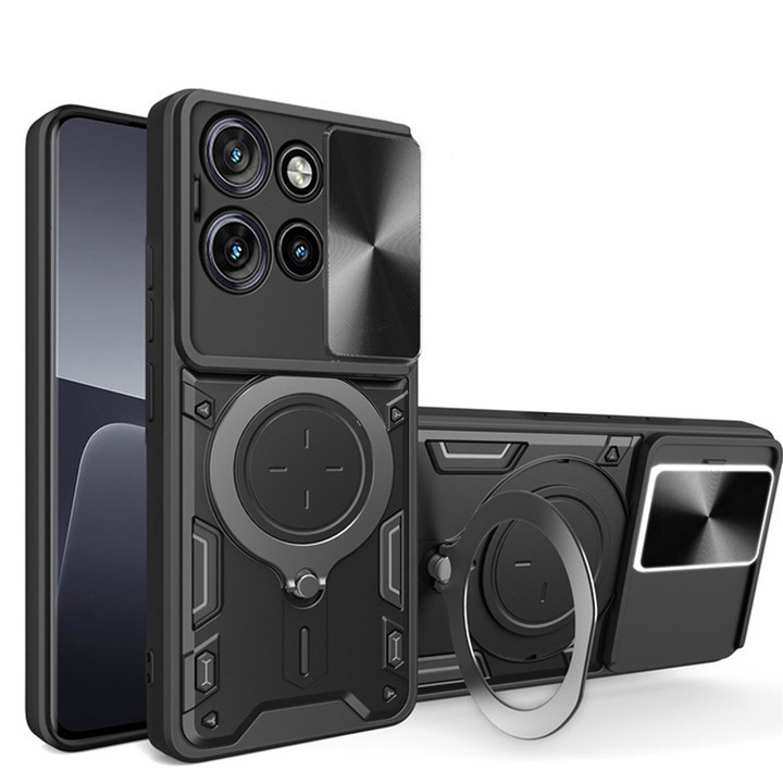 Husa telefon, pentru Motorola Edge 50 Neo 5G, Capacul obiectivului camerei glisante, Inel rotativ 360 ° Kickstand, Negru titan