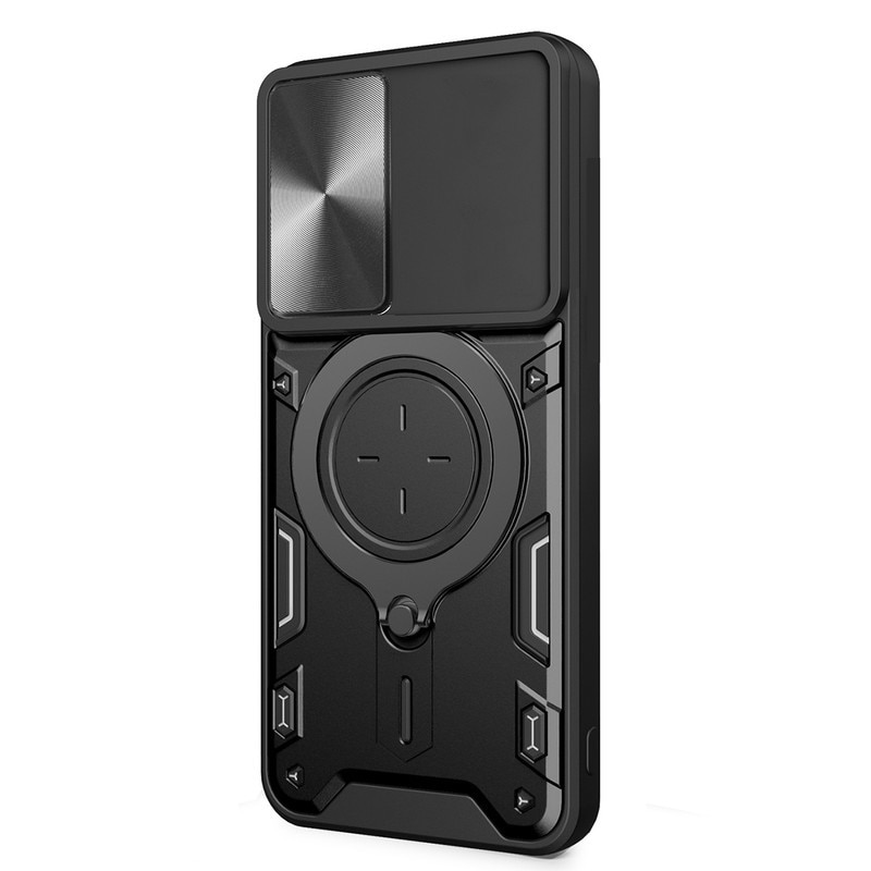 Husa telefon, pentru Motorola Edge 50 Neo 5G, Capacul obiectivului camerei glisante, Inel rotativ 360 ° Kickstand, Negru titan