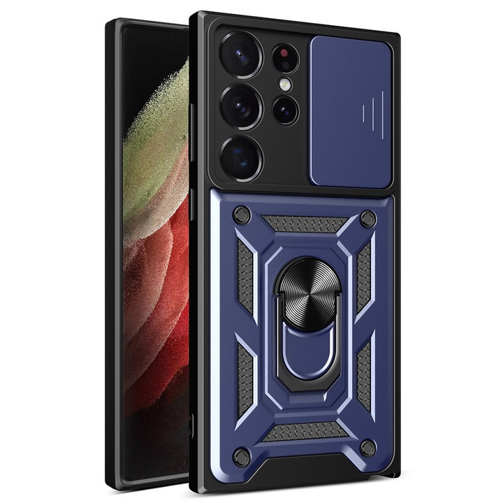 Husa telefon, pentru Samsung Galaxy S22 Ultra, Capac de obiectiv al camerei glisante, inel rotativ 360°, Albastru