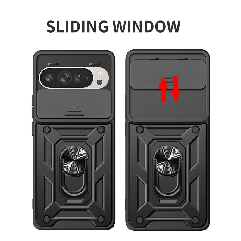 Husa telefon, pentru Google Pixel 9 Pro XL / 10 Pro XL, Capac de obiectiv al camerei glisante, inel rotativ 360°, Negru