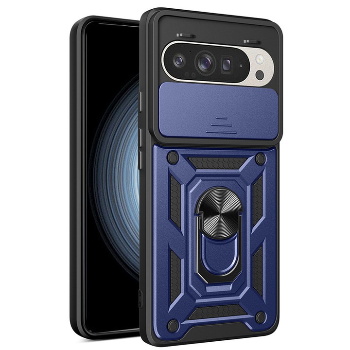 Husa telefon, pentru Google Pixel 9/9 Pro, Capac de obiectiv al camerei glisante, inel rotativ 360°, Albastru