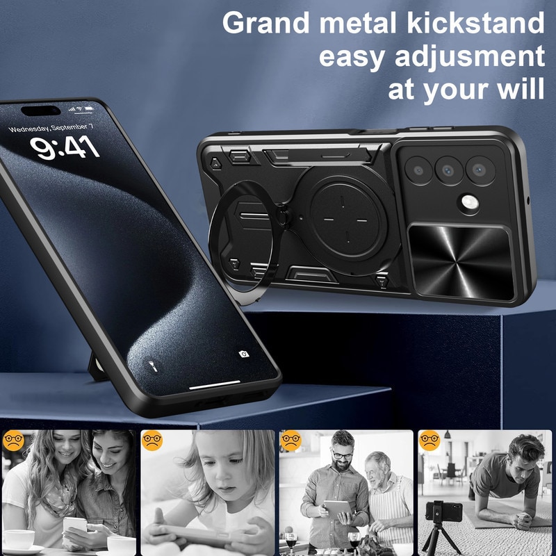 Husa telefon, pentru Samsung Galaxy A56 5G, Capacul obiectivului camerei glisante, Inel rotativ 360 ° Kickstand, Negru titan