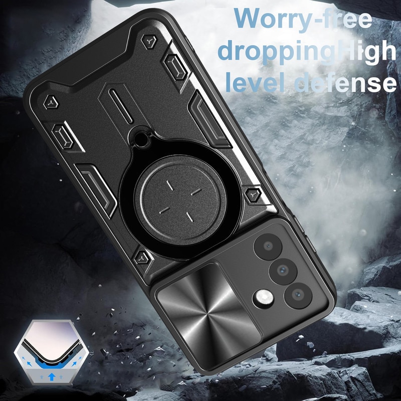 Husa telefon, pentru Samsung Galaxy A56 5G, Capacul obiectivului camerei glisante, Inel rotativ 360 ° Kickstand, Negru titan