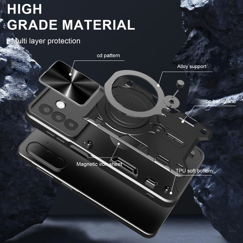 Husa telefon, pentru Samsung Galaxy A56 5G, Capacul obiectivului camerei glisante, Inel rotativ 360 ° Kickstand, Negru titan