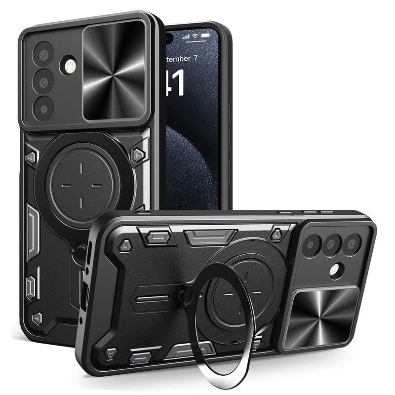 Husa telefon, pentru Samsung Galaxy A56 5G, Capacul obiectivului camerei glisante, Inel rotativ 360 ° Kickstand, Negru titan
