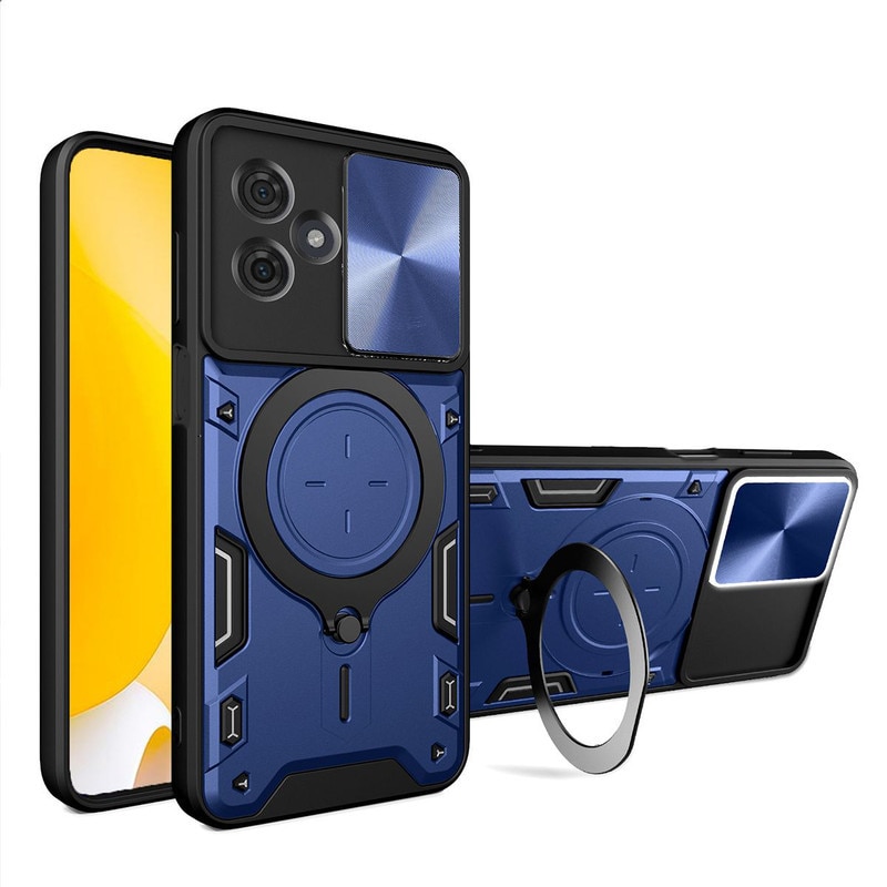 Husa telefon, pentru Motorola Moto G54 / G54 Power 5G, Capacul obiectivului camerei glisante, Inel rotativ 360 ° Kickstand, Albastru denim